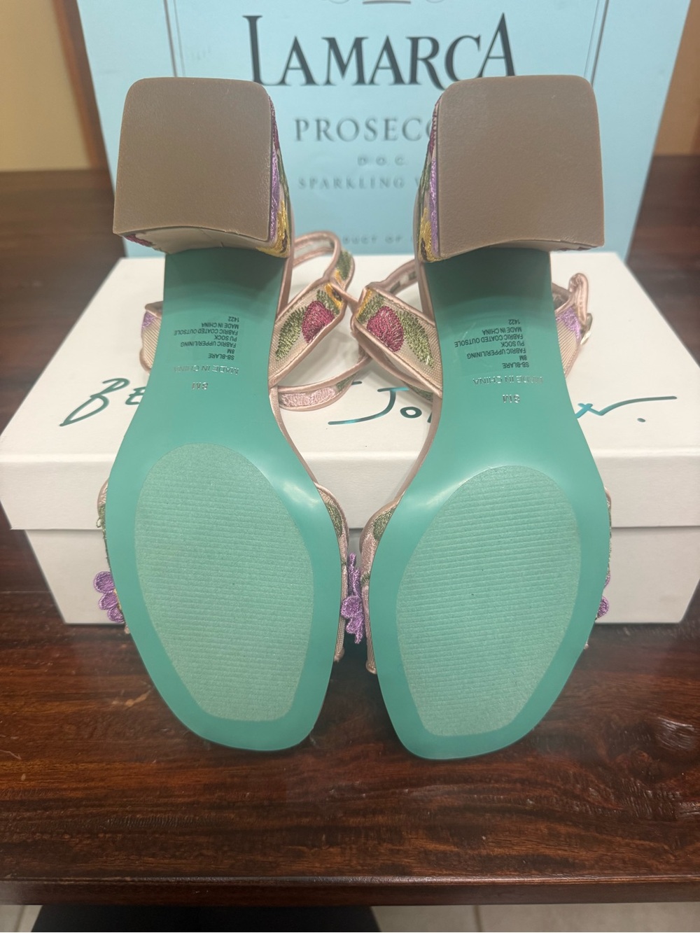 Betsey Johnson Pink Metallic Floral Applique Block Heel Sandals - Picture 4 of 4